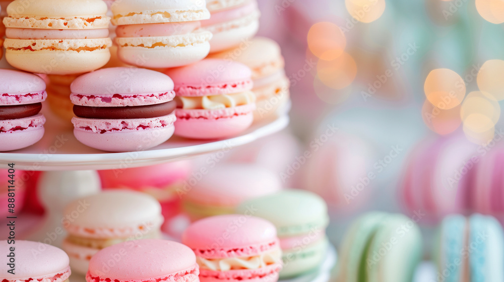 Poster closeup of an elegant dessert catering setup featuring an array of macarons in pastel colors, neatly