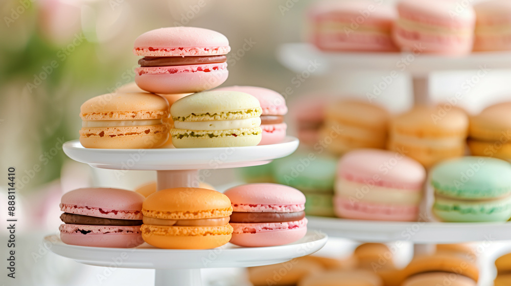 Poster closeup of an elegant dessert catering setup featuring an array of macarons in pastel colors, neatly