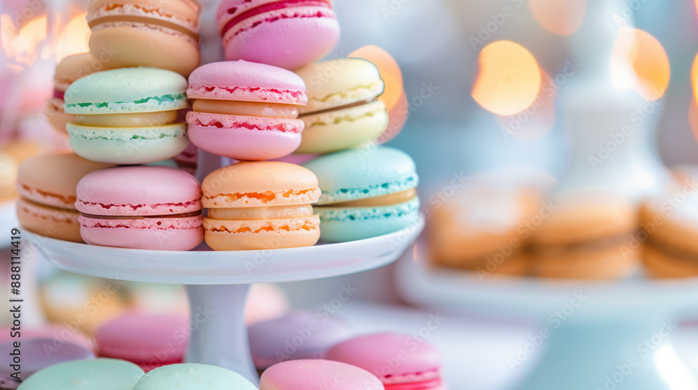 Poster closeup of an elegant dessert catering setup featuring an array of macarons in pastel colors, neatly