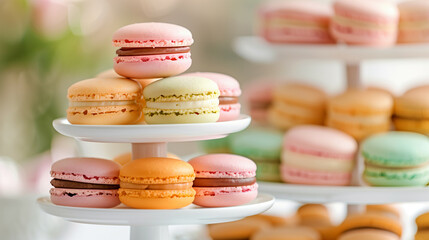 Closeup of an elegant dessert catering setup featuring an array of macarons in pastel colors,...
