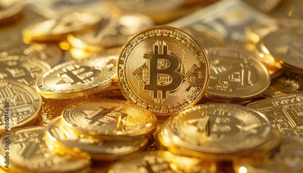 Poster a pile of gold coins with the bitcoin symbol on them. in front is one large coin with an engraved bi
