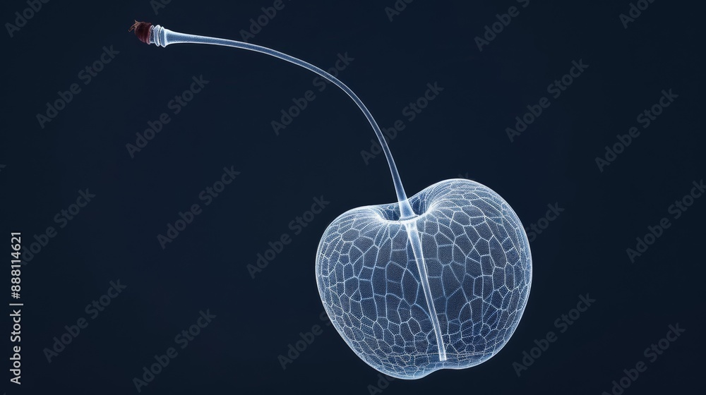 Poster closeup of an x-ray image of a cherry, showing its pit and internal structure, against a dark backgr