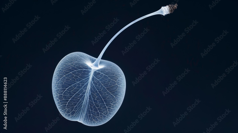 Poster closeup of an x-ray image of a cherry, showing its pit and internal structure, against a dark backgr