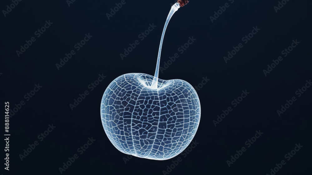 Poster closeup of an x-ray image of a cherry, showing its pit and internal structure, against a dark backgr