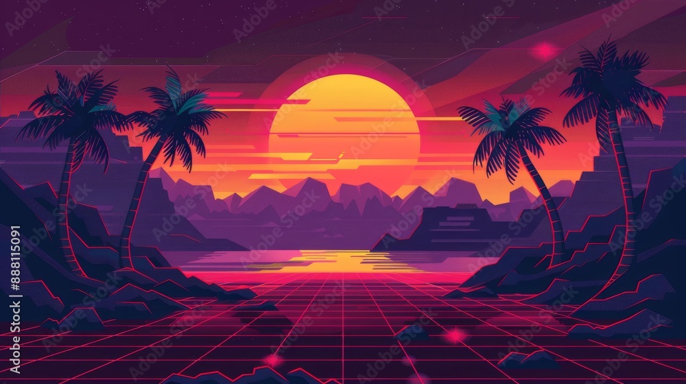 Poster wave horizon illustrations with neon laser lights and synthwave wireframe net. palm trees and sunset