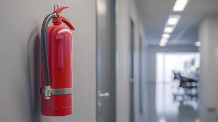 Red fire extinguisher on the wall in an office corridor.