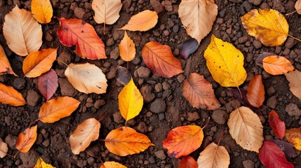 Closeup of rich autumn soil with fallen leaves in vibrant oranges, reds, and yellows, creating a textured, earthy scene 