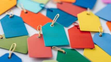 Closeup of sale tags in various colors and percentages, scattered on a white background 