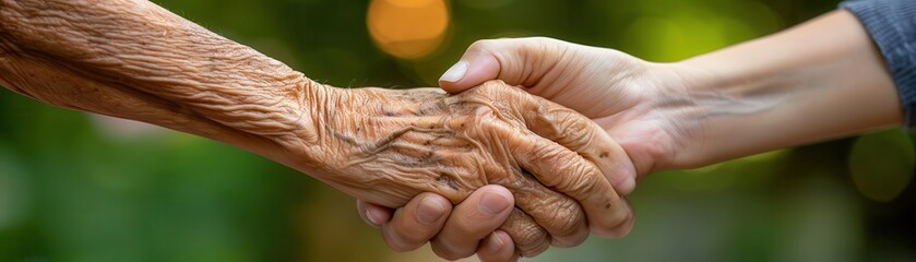 Fototapeta premium Closeup of an elderly person holding hands with a caregiver, emotional support and care, soft lighting and warmth