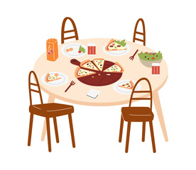 Vector illustration with dining table, chairs, pizza with mushrooms, tomatoes and mozzarella, cherry juice, salad