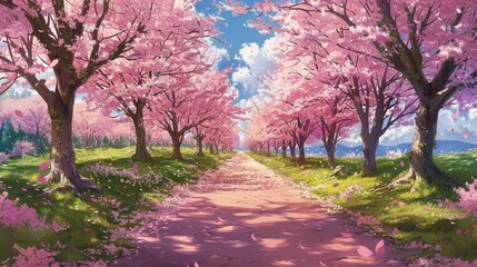 The pink path is lined with cherry blossom trees, and the grassy green lawn under their branches adds to its beauty. 