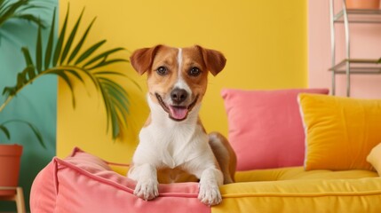 Customizable dog bed with interchangeable cushions, a happy dog sitting on it, in a vibrant and colorful room 