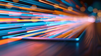 Digital 5G hologram emerging from a tablet, with bright light trails signifying data transfer speed 