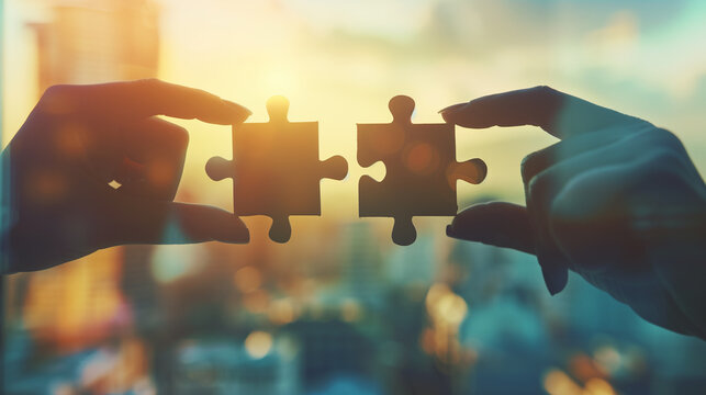 Two hands holding puzzle pieces against a sunset background, symbolizing connection, collaboration, and unity.