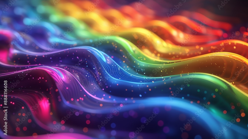 Poster A vibrant and colorful abstract wave pattern with sparkling particles, perfect for backgrounds and creative digital art projects.