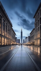 Fototapeta premium a person walking down a street in a city, warsaw, unsplash contest winning photo, man walking through city, architecture photography, in the middle of the city, unsplash photo contest winner