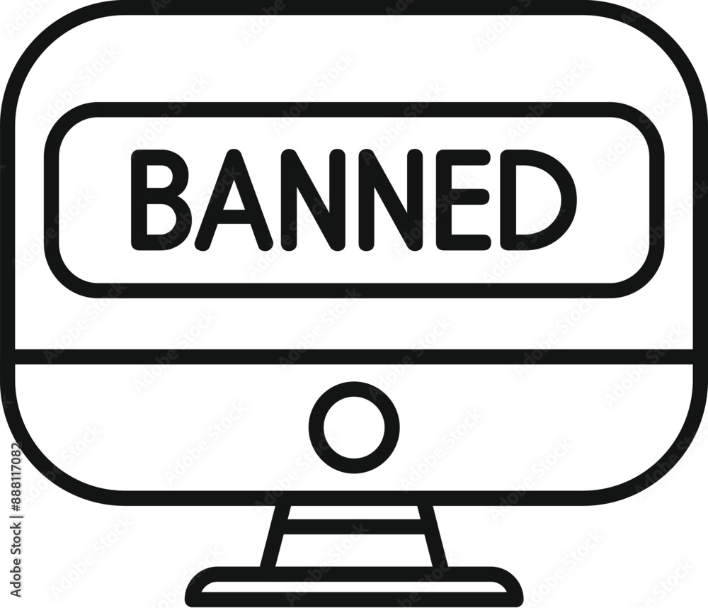 Poster line art icon of a desktop computer displaying the word banned