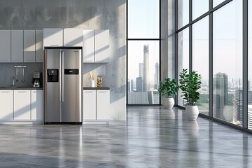 Stylish home kitchen interior with cooking cabinet, refrigerator on grey concrete floor. Cooking space in modern apartment with panoramic window on skyscrapers. 3D rendering