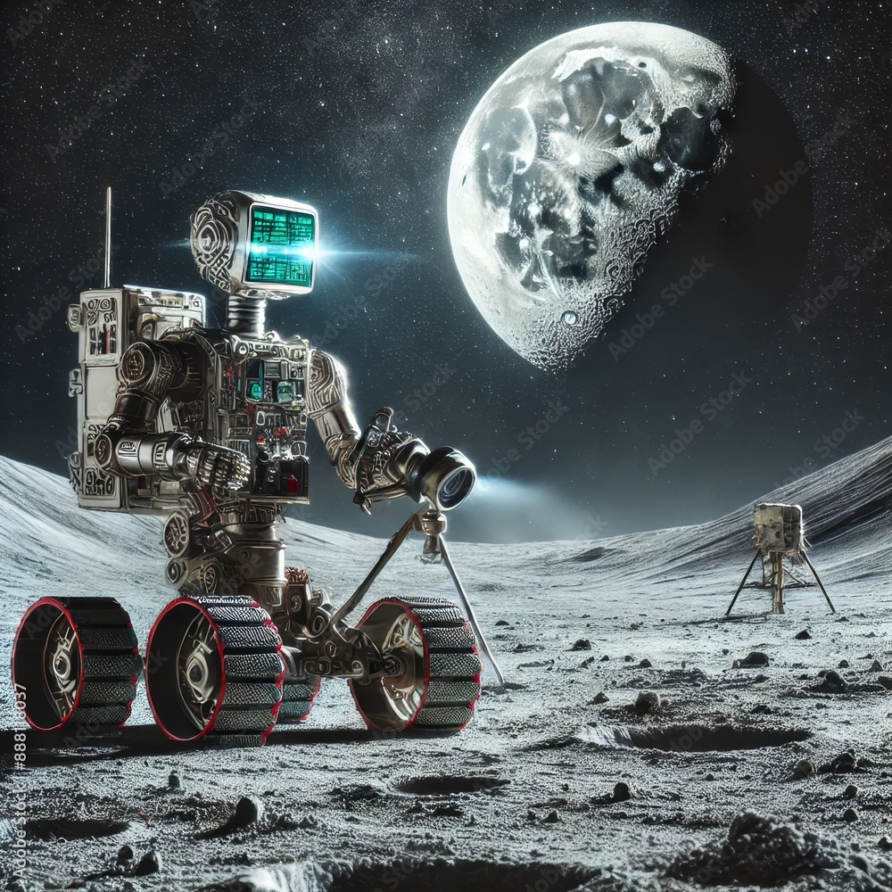 Poster 3d robot exploring lunar surface with camera and moon in background