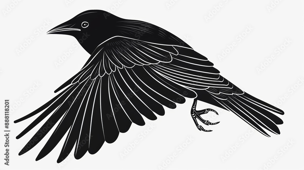 Poster minimalistic black slavic bird design on white background detailed feathers and flowing lines