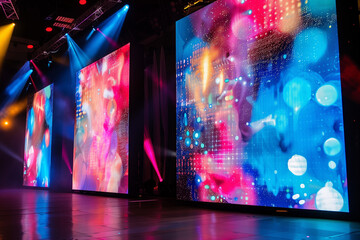 Large led projection screens. Colorful abstract background. Light show on the stage.	