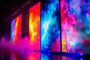 Large led projection screens. Colorful abstract background. Light show on the stage.	