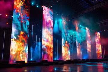 Large led projection screens. Colorful abstract background. Light show on the stage.	