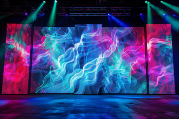 Large led projection screens. Colorful abstract background. Light show on the stage.	