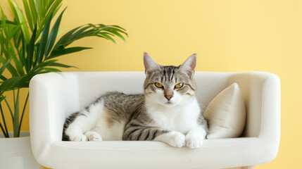 Modern cat bed with sleek lines, made of memory foam, a large cat comfortably lying down, in a stylish living room with minimalistic decor 