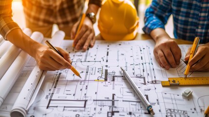 engineer and an architect Examining blueprints construction site