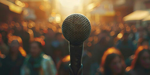 A Voice for All: A microphone suspended in front of a crowd, waiting for someone to speak up and be heard.