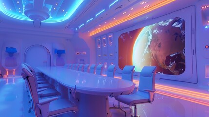 Room for futuristic meetings in a spaceship. Future meeting room in a spacecraft.