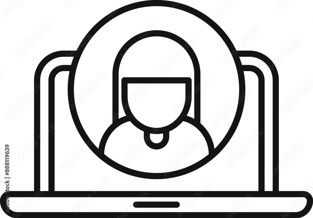 Poster line art icon of a user account profile and avatar displayed on a laptop screen