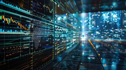 Naklejka premium Global stock market analysis displayed on a giant screen, complex and detailed, Documentary Photography style