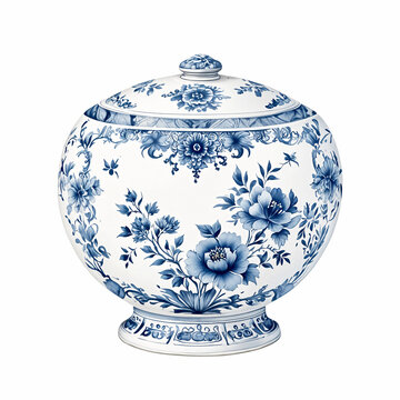 Blue and white chinoiserie. Blue and white chinese porcelain Jar on white background..