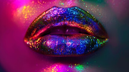 Vibrant glitter lips under colorful lighting