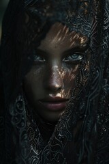 Enigmatic Portrait of a Woman with Intense Eyes Partially Covered by Intricate Lace Veil in Low Light