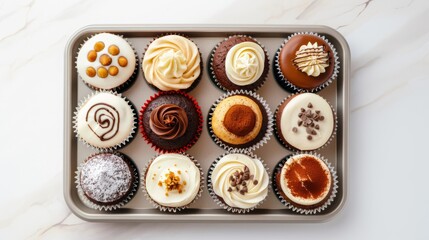 Overhead view of a dessert tray with gourmet cupcakes in different flavors, each decorated with unique toppings and frosting 