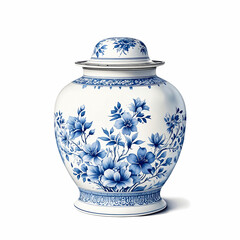 Blue and white chinoiserie. Blue and white chinese porcelain Jar on white background..