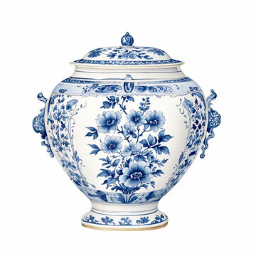 Blue and white chinoiserie. Blue and white chinese porcelain Jar on white background..