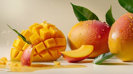 Fresh Mangoes with Sliced Cubes and Water Drops