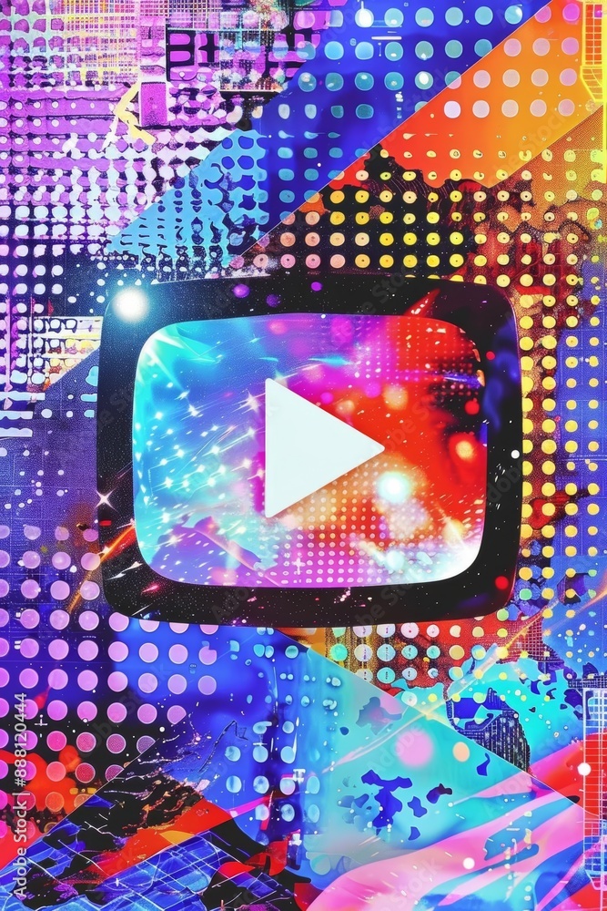 Poster colorful abstract digital art with play button symbol and geometric patterns