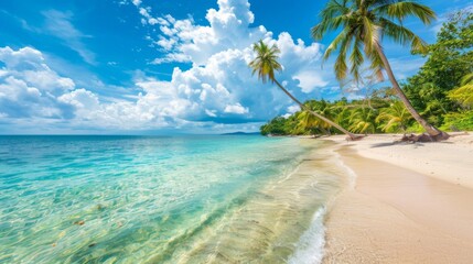 A tropical beach with palm trees and clear turquoise water under a blue sky with fluffy clouds.