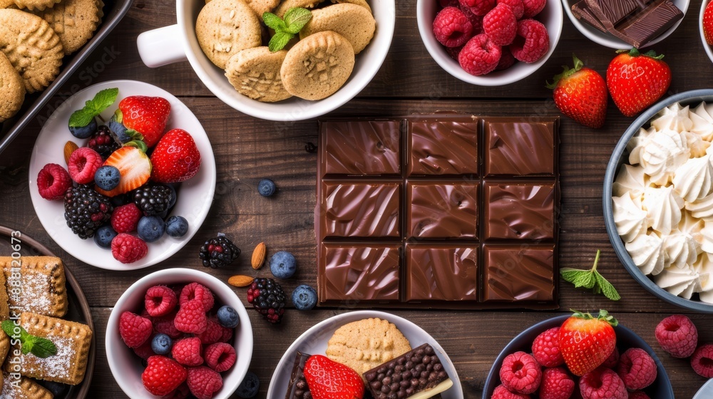 Wall mural Overhead view of a selection of gluten-free desserts, including almond flour cookies, fruit parfaits, and chocolate squares, on a rustic wooden table 