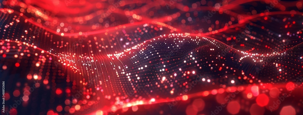 Aufkleber an abstract futuristic background with glowing shimmering dots of red light in wave motion, sci-fi c