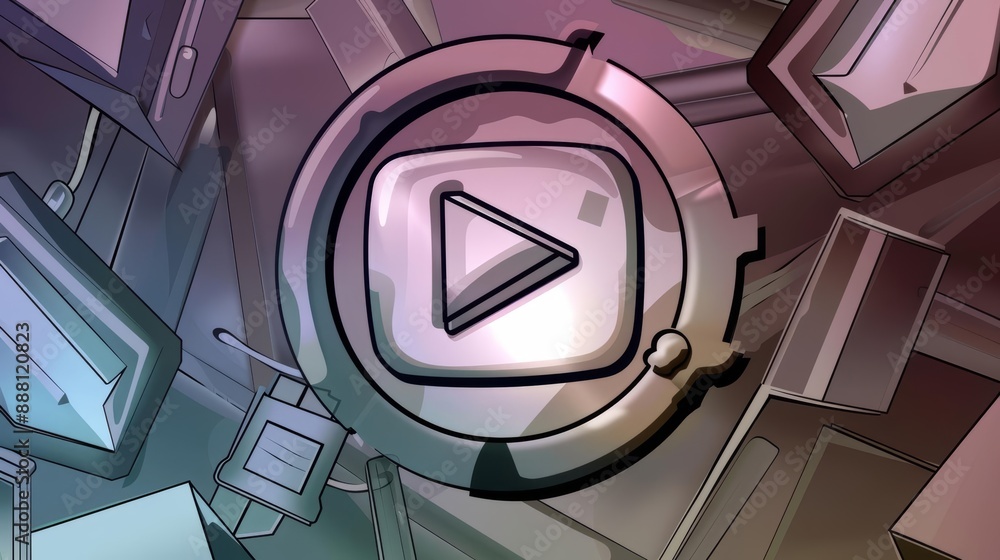 Poster futuristic play button symbol with abstract metallic background