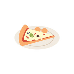 Vector illustration of a slice of pizza with cheese, pepper, herbs, olives on a plate