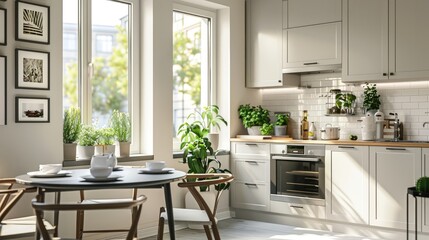 Fototapeta premium Bright Bites, Kitchen Interior with Dining and Cooking Space Near Window, Mockup Frame, Highlighting the Importance of Natural Light in Kitchen Design