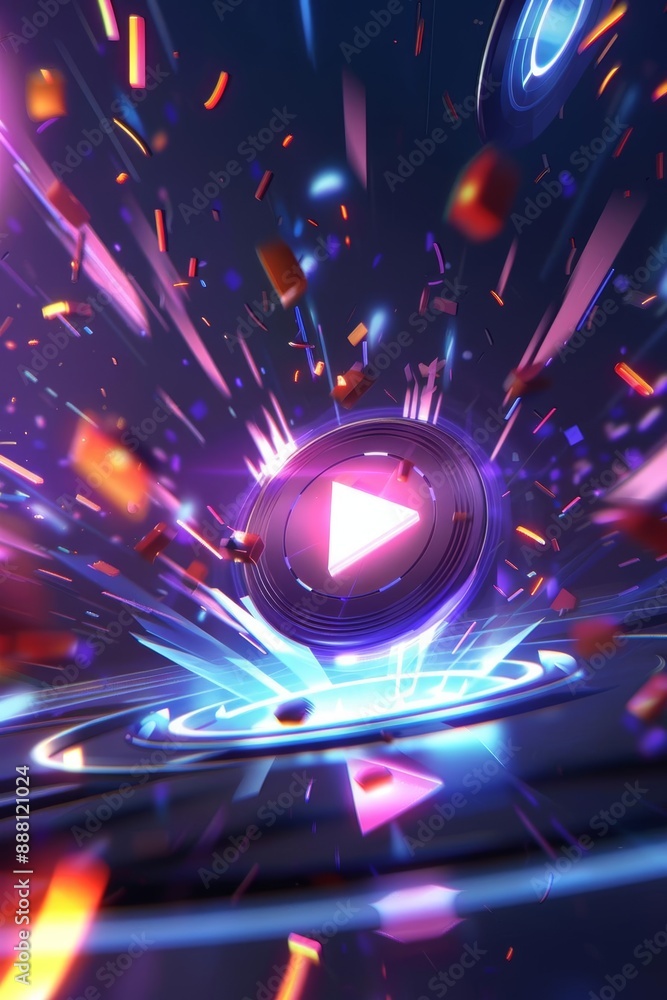 Poster vibrant digital play button with neon lights and dynamic motion