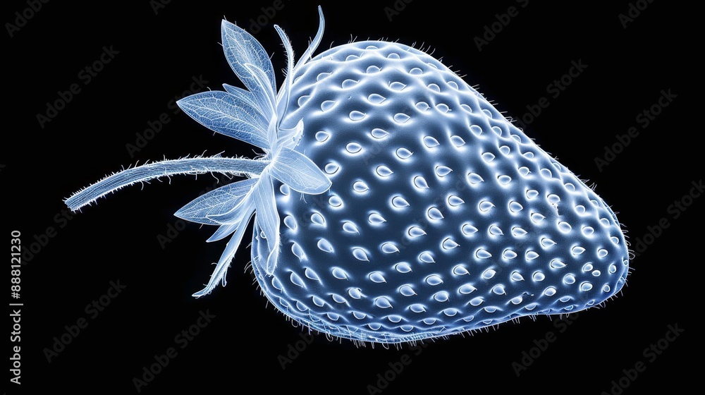 Poster overhead view of an x-ray image of a strawberry, showcasing the internal seed pattern and texture, a